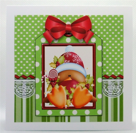 Robin on a christmas tag , stripes and bow 7x7 by Michelle Chivers