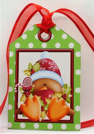 Robin on a christmas tag , stripes and bow 7x7 by Michelle Chivers