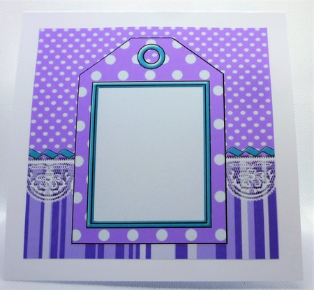 purple spot/stripe & lace with tag & bow card front 7x7 by Michelle Chivers