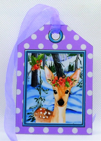 deer on a christmas tag , stripes and bow 7x7 by Michelle Chivers
