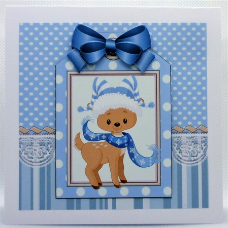 Reindeer in a scarf on a christmas tag , blue stripes and bow 7x7 by Michelle Chivers