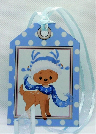 Reindeer in a scarf on a christmas tag , blue stripes and bow 7x7 by Michelle Chivers