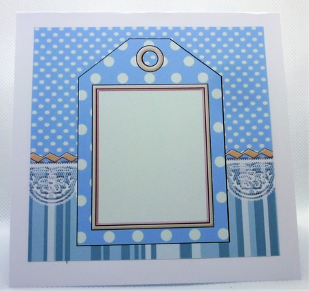 blue spot/stripe & lace with tag & bow card front 7x7 by Michelle Chivers