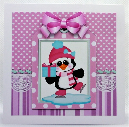 penguin on a christmas tag , stripes and bow 7x7 by Michelle Chivers