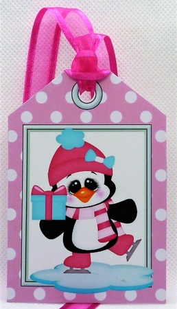 penguin on a christmas tag , stripes and bow 7x7 by Michelle Chivers
