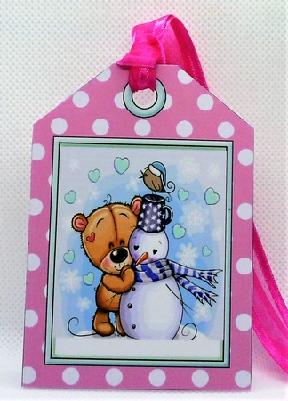 bear and snowman on a christmas tag , pink stripes and bow 7x7 by Michelle Chivers