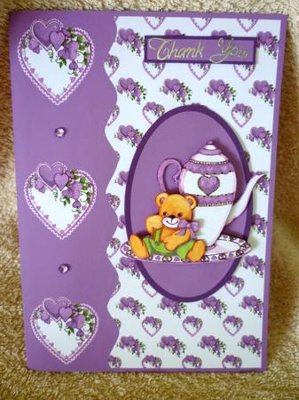 Teatime Bear and Hearts Card Front and Decoupage in Lilac by Michelle Chivers
