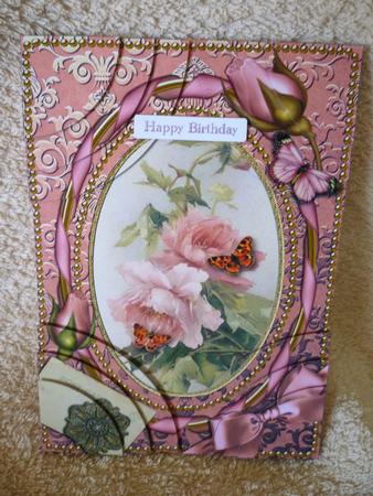 Pink Roses Butterflies 7x5in 4 Corner Stacker Card Front by Michelle Chivers