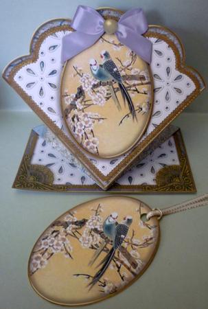 Oriental Birds 3 Anglaise Scallop Spring Decoupage Card by Michelle Chivers