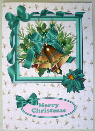 Christmas Bells in Turq/pink Ribbon Frame A5 Card by Michelle Chivers