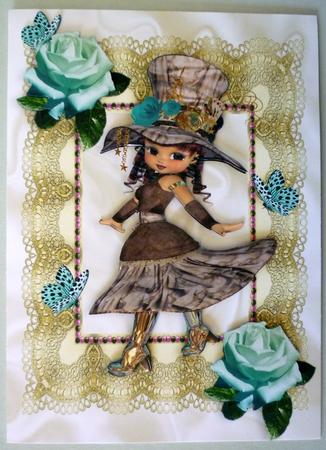 Little Vintage Girl with Turq Roses on Lace A4 by Michelle Chivers