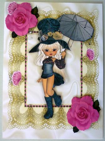 Little Vintage Girl with Pink Roses on Lace A4 by Michelle Chivers