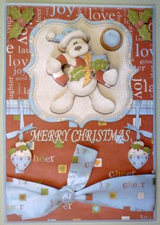 Winter Bear with Candy Cane Christmas Decoupaged Card Front by Michelle Chivers