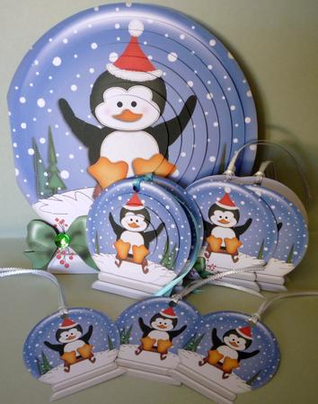 3D Xmas Sledging Penguin Snowglobe Circle Pyramage Card Kit by Michelle Chivers