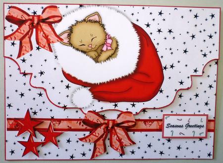 Red Santa Hat with Kitty, on Scalloped Envelope by Michelle Chivers