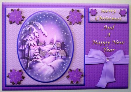 Purple Vintage Snow Scene in Oval Frame Christmas Card Front by Michelle Chivers