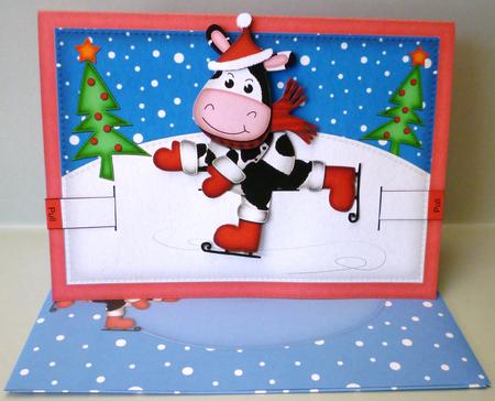 3D Xmas Skating Milly Moo Animated Moveable Decoupage Card by Michelle Chivers