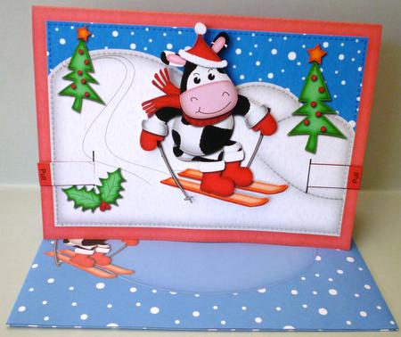 3D Xmas Skiing Milly Moo Cow Animated Moveable Decoupage Car by Michelle Chivers
