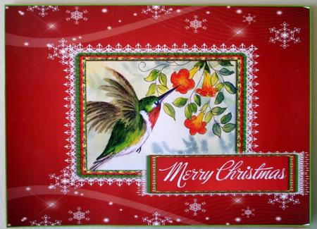 Merry Christmas Humming Bird on Red & Gold Quick Cards by Michelle Chivers