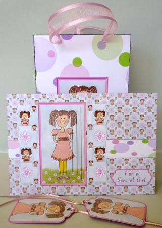 Pink Doodle Girl 3D Card, Insert & Gift Bag Kit by Michelle Chivers