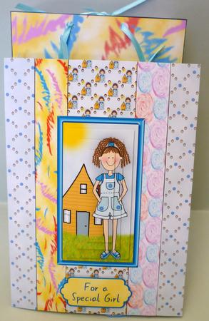 Blue Doodley Girl 3D Card, Insert & Gift Bag Kit by Michelle Chivers