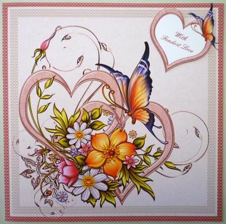 Two Floral Hearts and a Butterfly 8x8 Topper by Michelle Chivers