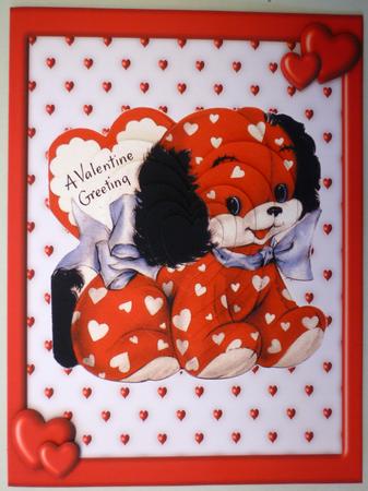 Cute Red Retro Calico Puppy Valentine Pyramid Card Front by Michelle Chivers