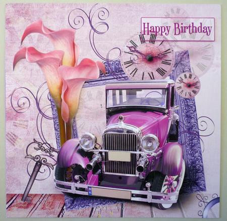 Vintage Inspired Car, Lilies & Time 8x8inch Card Front by Michelle Chivers