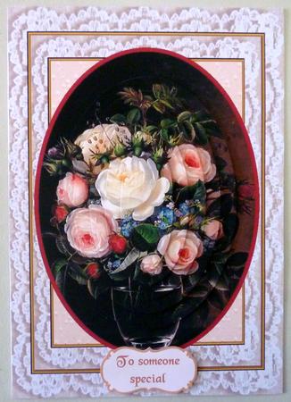 Antique Rose Painting on Lace Backing, Oval Pyramid by Michelle Chivers