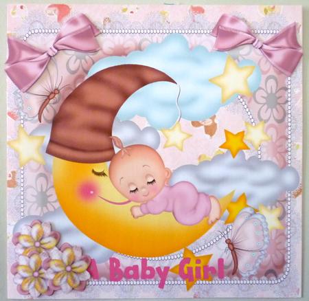 Sleepy Baby Girl on the Moon with Stars in Lace Frame by Michelle Chivers