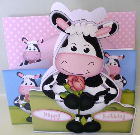 3D Milly Moo Cow's Rose Shaped Card Decoupage N Envelope by Michelle Chivers
