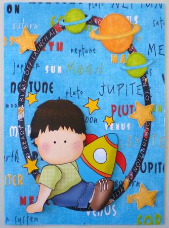 Little Boy with His Rocket in Oval Space Frame by Michelle Chivers