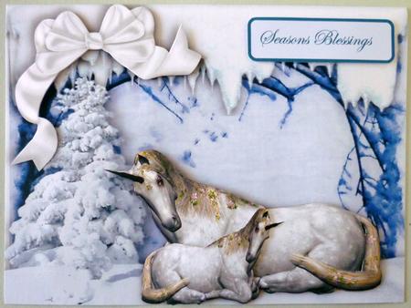 Unicorn with Baby in the Snow with Blue Birds by Michelle Chivers