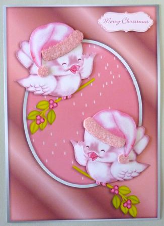 Christmas Birds Pink Card Front with Decoupage by Michelle Chivers