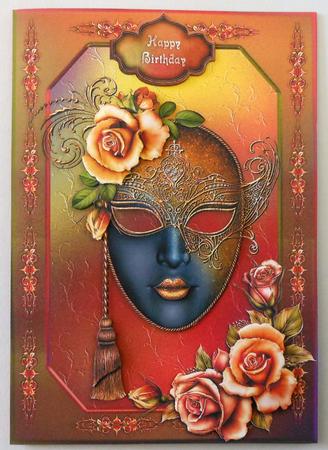 Golden Masquerade Mask and Roses Card Front by Michelle Chivers