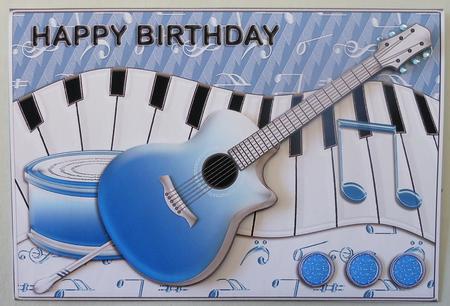Guitar and Music Blue Birthday Card Front by Michelle Chivers