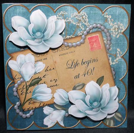 Teal Magnolia Life Begins at 40! 8in Decoupage Topper by Michelle Chivers