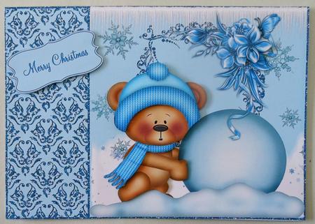 Cute Bear Building Snowman Card Topper by Michelle Chivers