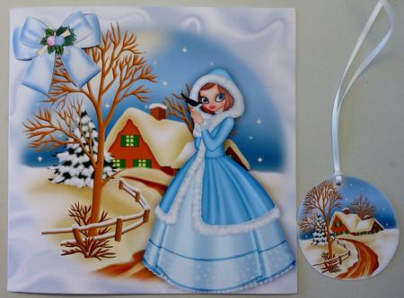 Pretty Lady in Blue with Cottage Snow Scene 8x8 by Michelle Chivers
