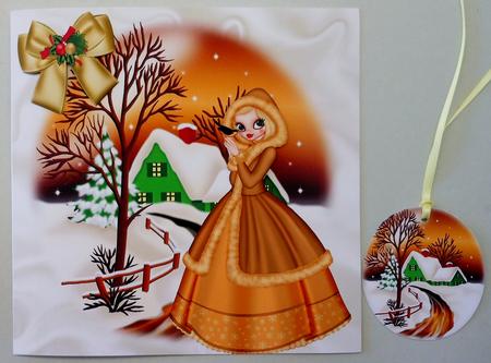 Pretty Lady in Gold with Cottage in Snow Scene 8x8 by Michelle Chivers