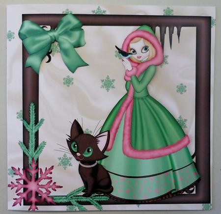 Pretty Lady in Green with Pussy Cat 8x8 by Michelle Chivers