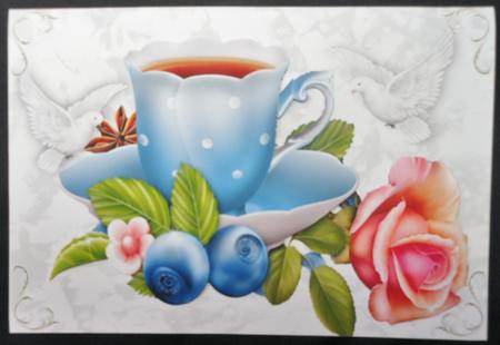 Blue Teacup with Rose and Doves A4 by Michelle Chivers