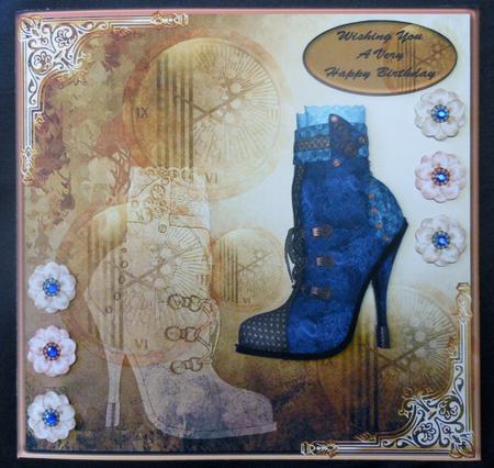Steampunk Blue Boot 8x8ins Card Front by Michelle Chivers