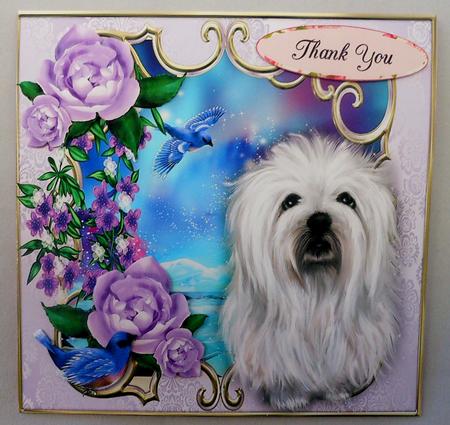 Little White Dog with Lilac Roses & Blue Birds 8x8 by Michelle Chivers