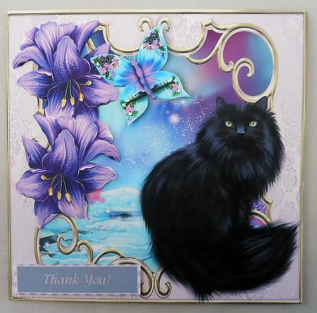 Persian Black Cat with Fantasy Butterfly and Flowers 8x8 by Michelle Chivers