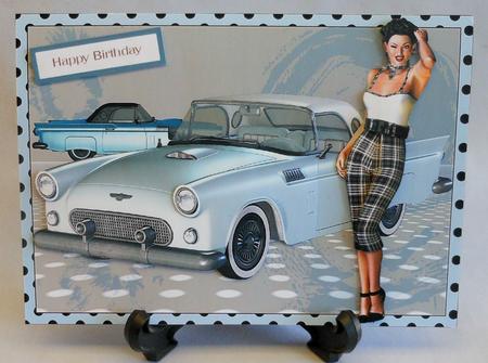 1950s Lady and Her Blue T-bird Car Decoupage by Michelle Chivers