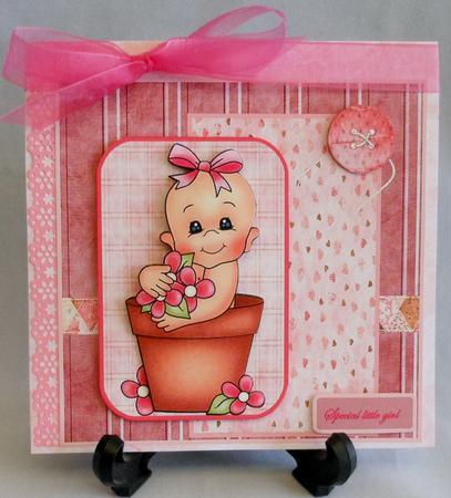 Flowerpot Baby Girl Card Front with Topper by Michelle Chivers