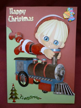 Little Christmas Elf & Train A5 Shaped Front Card in Green by Michelle Chivers