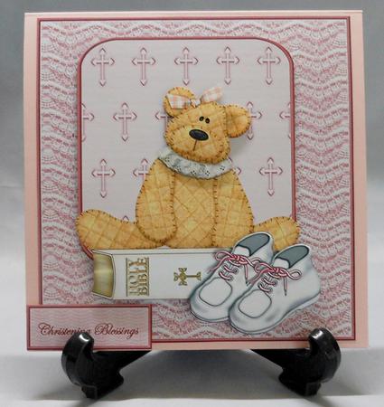 Girl Bear Christening Card Front with Topper and Decoupage by Michelle Chivers
