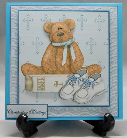 Boy Bear Christening Card Front with Topper and Decoupage by Michelle Chivers